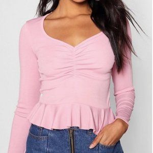 Boohoo Rib Sweetheart Neck Ruffle Crop Top
